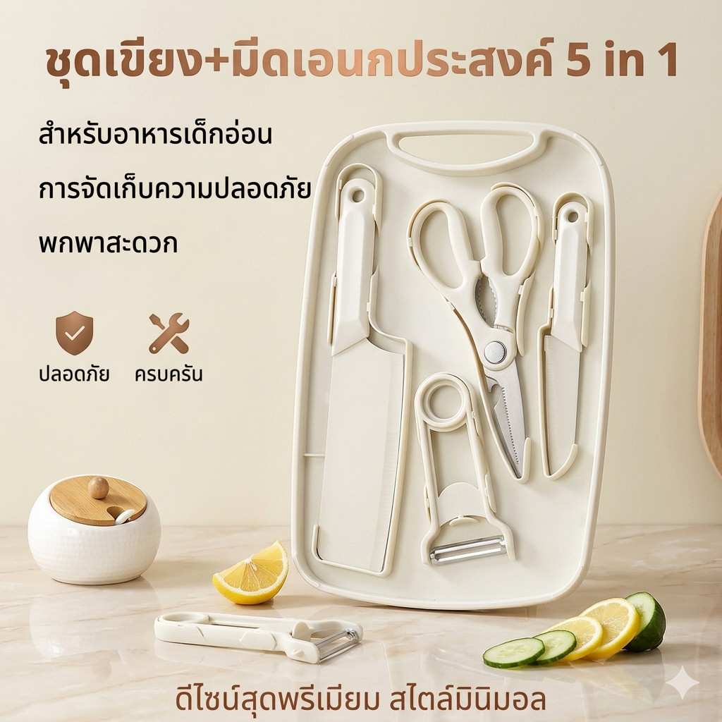 ชุดครัว 5 ชิ้น เขียงเด็ก มัลติฟังก์ชัน มีดใหญ่ มีดเล็ก กรรไกร ที่ปอกเปลือก