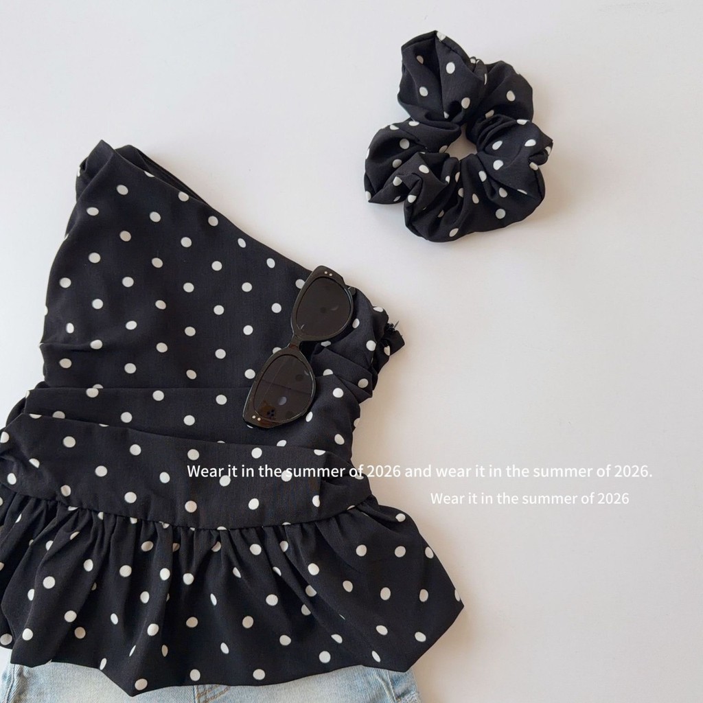PRETTY BABY เสื้อเด็ก เสื้อปาดไหล่ ลายจุด ซิปด้านข้างรูดได้ แถมยางรัดผม (2203)