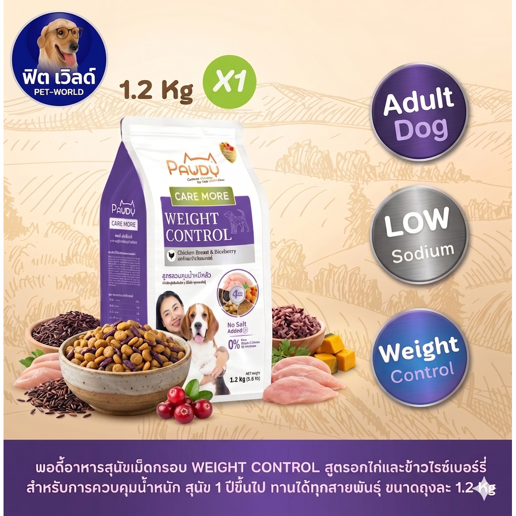 Pawdy Caremore อาหารสุนัข สูตร Weight Control Chicken Breast and Riceberry 1.2kg.