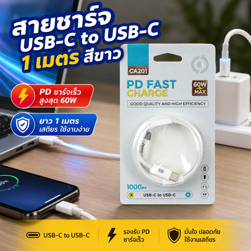 Ivon Charger สายชาร์จ USB Type-C to ยาว 1 เมตร สีขาว รองรับ PD ชาร์จเร็ว สูงสุด 60W (1 ชิ้น)