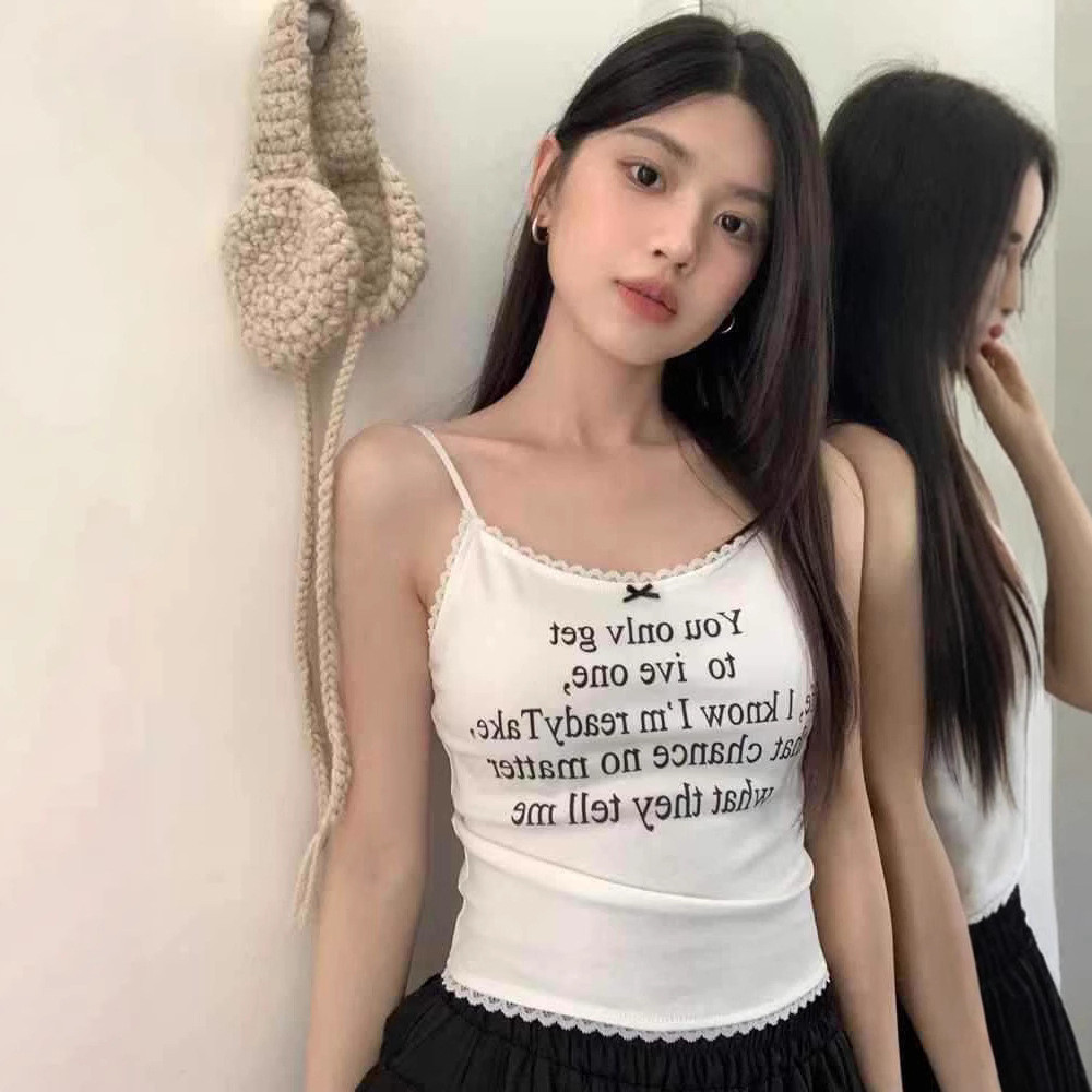 2100#韩系小众印花蕾丝边吊带超火字母修身显瘦性感短款背心上衣 NUM4