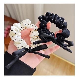 พร้อมส่ง🇹🇭 E012 ผ้ารัดผม ผ้าซาตินลายจุด สีขาวดำ ยางรัดผมหางม้าลายจุด ที่รัดผม ยางรัดผมโดนัท