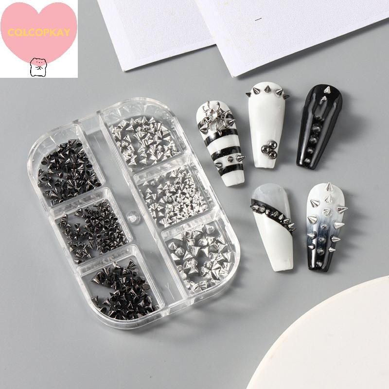 HANHAI 6 กริด Y2K Punk โลหะ Rivet เล็บ Charms กรวยผสม Sized Bla เงินเล็บ Studs 3D สไตล์โลหะผสม Spike สําหรับ DIY เล็บตกแต่ง TH
