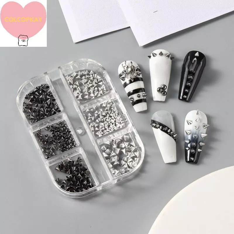 HANHAI 6 กริด Y2K Punk โลหะ Rivet เล็บ Charms กรวยผสม Sized Bla เงินเล็บ Studs 3D สไตล์โลหะผสม Spike สําหรับ DIY เล็บตกแต่ง TH