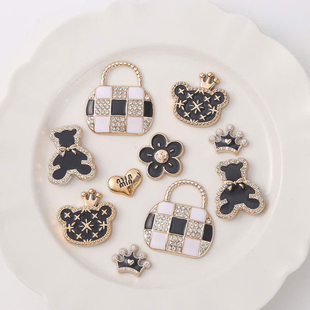 Luxury Rhinestone Bag Bear Charm Set - Black Bow Bear, Checkered Bag, Luxury Crown