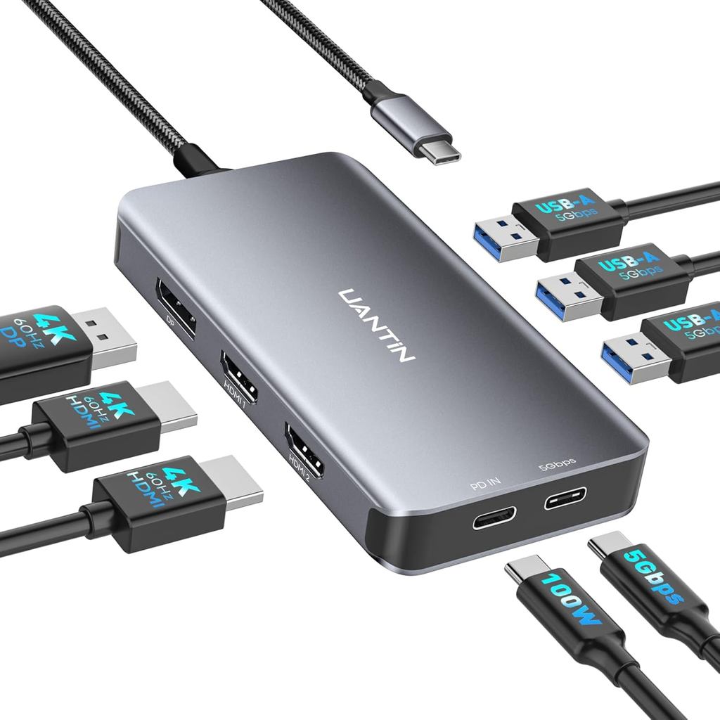 USB C Docking Station Dual Monitor Adapter สําหรับแล็ปท็อป, 8-in-1 Docking Station สําหรับ 3 จอภาพ, 