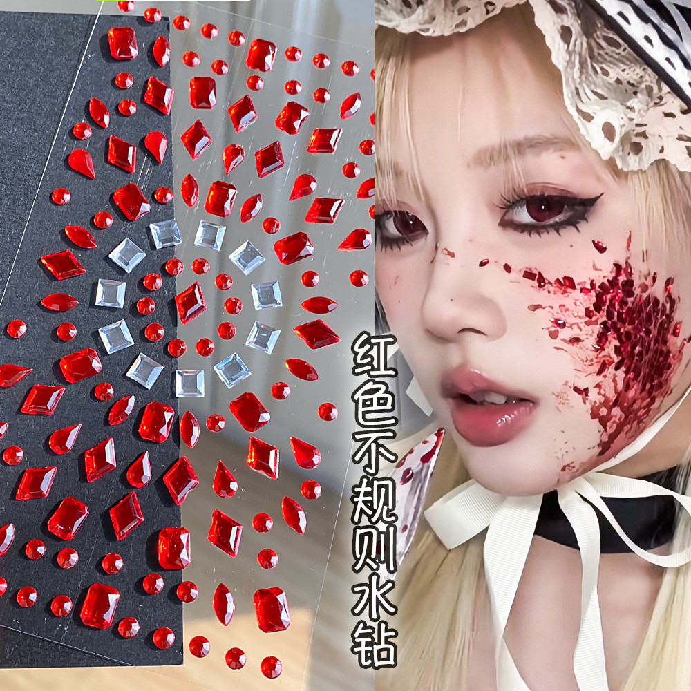 Red Tears Diamond COS เพชรรูปทรงพิเศษ Creative Diamond แต่งหน้าฮาโลวีนแต่งหน้าสติกเกอร์หน้าหัก Rhine