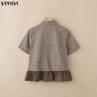 VONDA เสื้อผ้าสไตล์เกาหลีสำหรับผู้หญิง ลายสก๊อตวินเทจ แขนสั้นและขอบกระโปรงห่อนิ่มน่ารัก