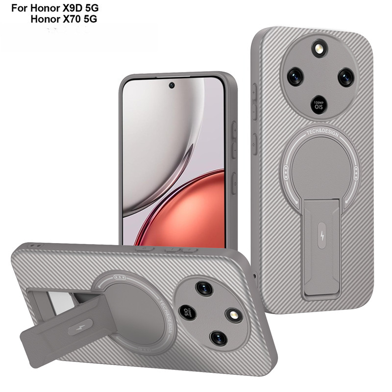 คาร์บอนไฟเบอร์พื้นผิวแม่เหล็กเคสโทรศัพท์สําหรับ Honor X9D X9C X9B X9A X8D X7D X6C X5C 400 600 Pro/lite Magic 8Pro Play 10a วงเล็บพับซ่อน PC + ขอบนุ่ม anti drop SHELL