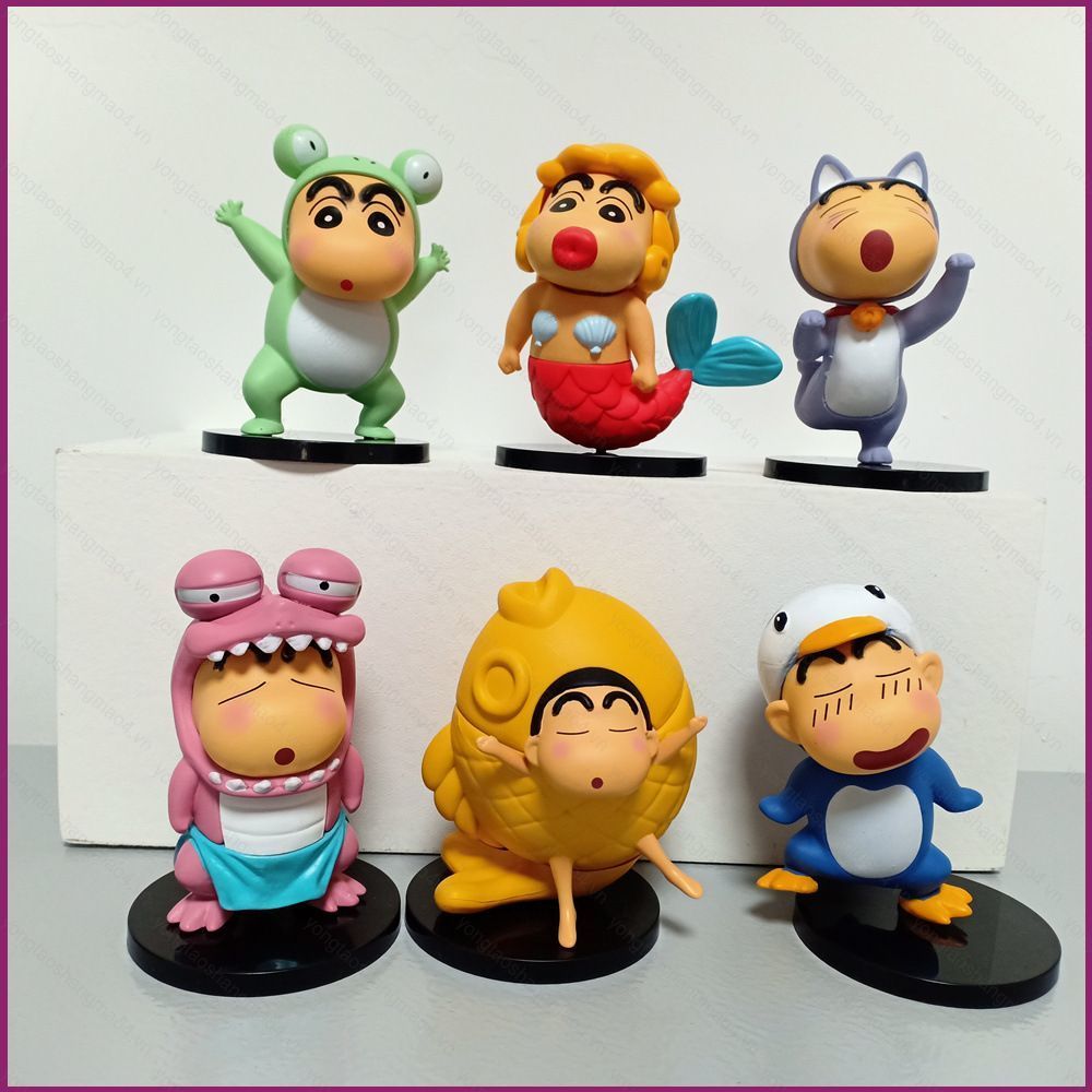 YT4 6pcs Crayon Shin-chan Action Figure คอสเพลย์กบ Penguin Cat Mermaid ปลาตุ๊กตาของเล่นสําหรับเด็ก H