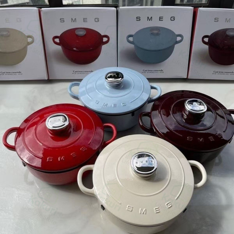 🍳 SMEG Cast Iron pot เหล็กหล่อหม้อตุ๋น 4.2L 24ซม. สองหู ไม่ติด กำลังชุบสตูว์/ซุป สีเบจ/ชมพู/ดำ สำหรับครัวเรือน ✨