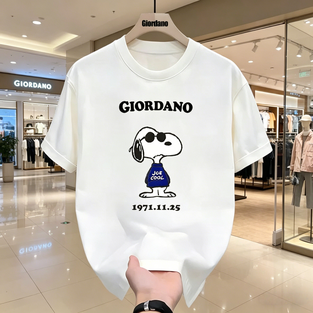 Giordano Snoopy Official T-shirt for Men and Women, Cotton 100%, เสื้อยืดแขนสั้นลําลอง, การ์ตูนน่ารั
