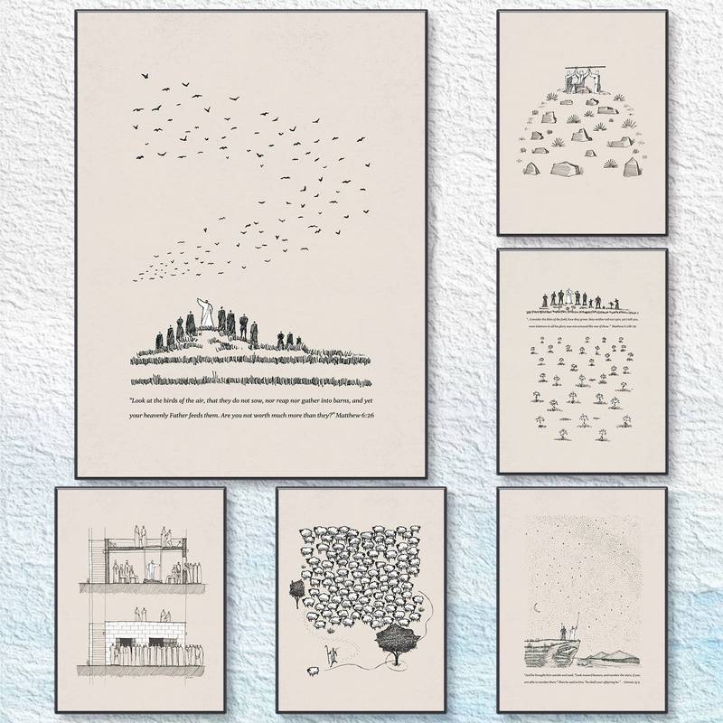 Neutral Minimalist Sketch ผ้าใบ Wall Art Beige Tone ตกแต่งบ้าน