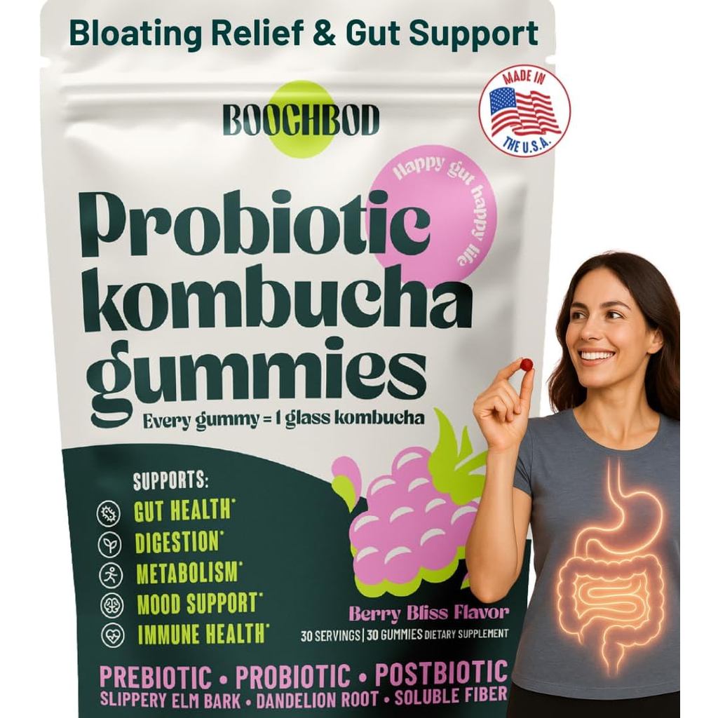 BoochBod-ProbioticKombuchaGummy-Prebiotics,Probiotics,FiberSupplement,SlipperyElm,DanddRoot,MCTOil, 