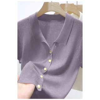 ฤดูร้อนใหม่ผู้หญิงนุ่มสีทึบสบายๆโปโลคอปกแขนสั้นด้านบน 260428