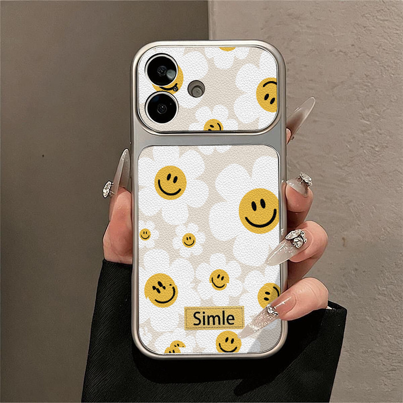 เคสโทรศัพท์ลายหน้ายิ้มดอกเบญจมาศเข้ากันได้กับ iPhone13/11/12/17/14/15plus/16proMaxทำจากหนังแท้คุณภาพสูงกันกระแทกและทนทาน