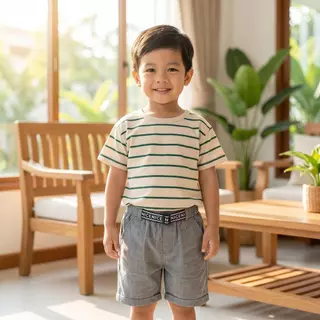 [Cotton Life]เสื้อยืดแขนสั้นลายทางเด็กผู้ชาย กางเกงลำลอง ใส่ไปโรงเรียน ออกไปเที่ยว