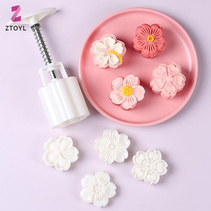 [ZTO-t] 4 ชิ้น/เซ็ต Mooncake แม่พิมพ์ Cherry Blossom ดอกไม้ซากุระรูปแบบแสตมป์มือกดแม่พิมพ์ Plungers Pastry เครื่องมือ