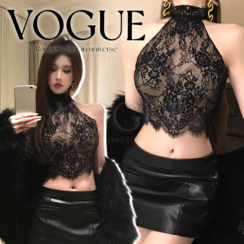 Vogue🌟พร้อมส่ง🌟 เสื้อคล้องคอเปิดหลัง ทรงครอป ลายลูกไม้ติดกระดุมด้านหลัง รัดรูป (FY5122)