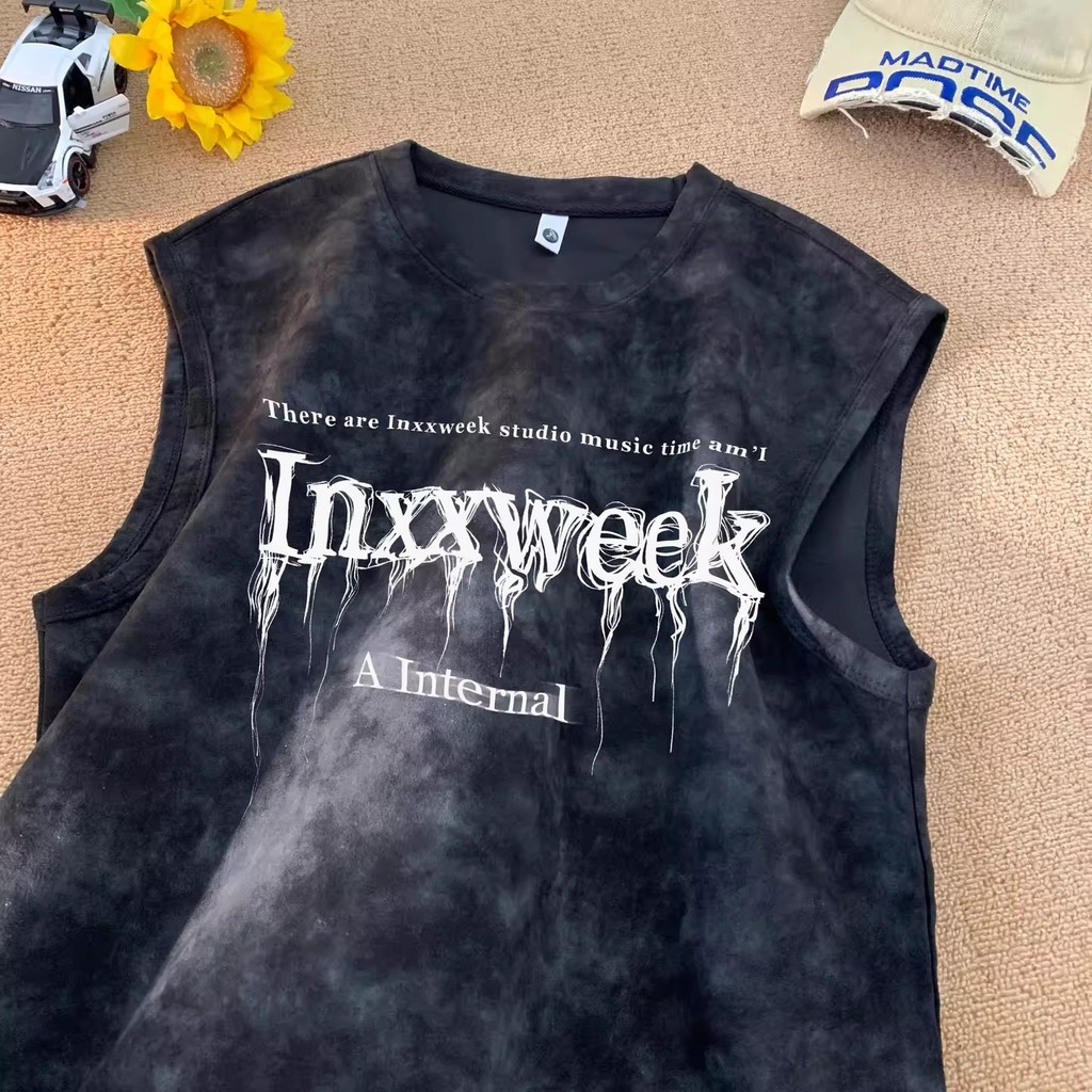 เสื้อกล้ามบุรุษฤดูร้อน2026ใหม่มัดย้อมสกปรกล้างแฟชั่นหลวมขนาดบวกสไตล์อเมริกันลําลองเสื้อยืดแขนกุดกีฬา