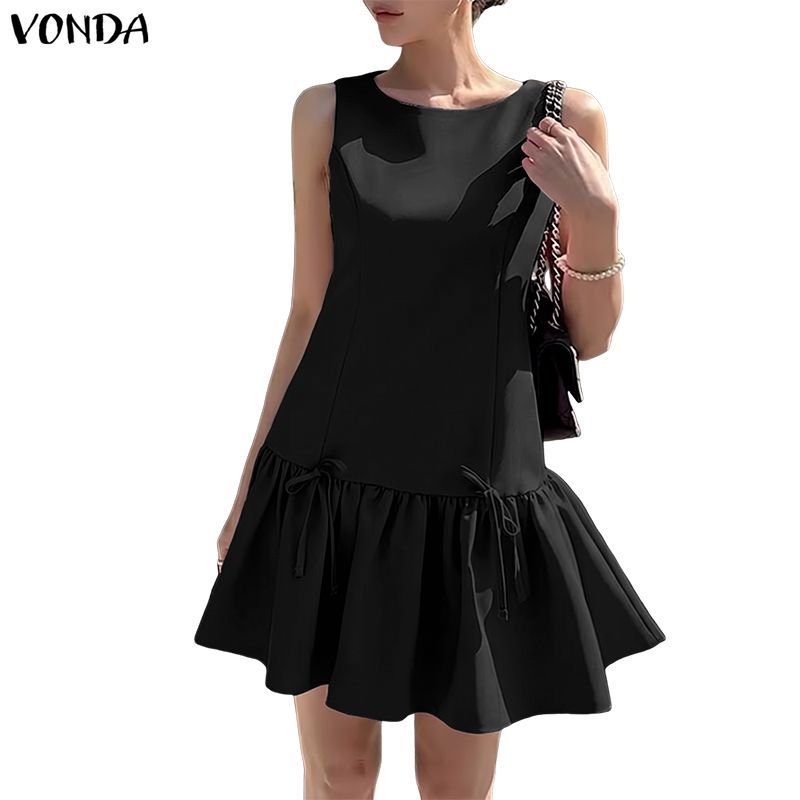 VONDA ผู้หญิงเกาหลีสไตล์ Girlish ปิดไหล่แขนกุดเอวติดตั้งสาย Ruffle Hem โบว์ทอ Slim Fit ชุดมินิ