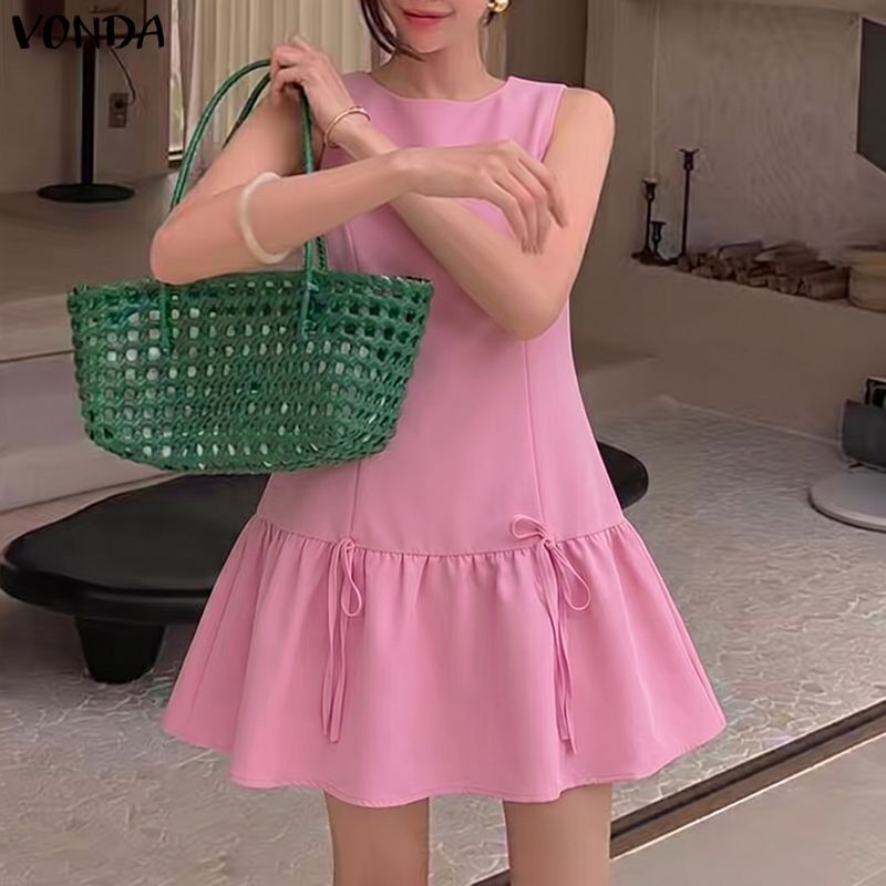 VONDA ผู้หญิงเกาหลีสไตล์ Girlish ปิดไหล่แขนกุดเอวติดตั้งสาย Ruffle Hem โบว์ทอ Slim Fit ชุดมินิ — صورة 4