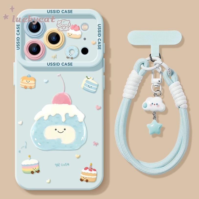 การ์ตูนน่ารักสีฟ้าขนมเคสโทรศัพท์สําหรับiPhone 17 16 15 14 13 12 11 Pro Max X Xr Xs Max 7 8 Plus SE2020