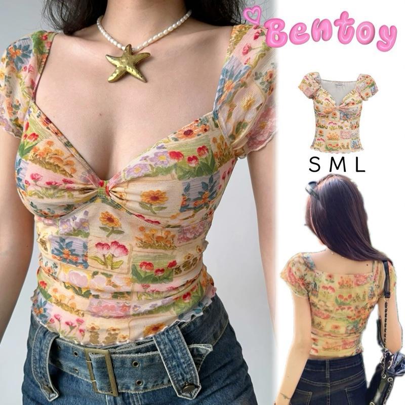 Bentoy 2127 เสื้อแขนสั้นผู้หญิง ปาดไหล่ได้ สีครีมลายดอกละมุนมาก หน้าวีแอบเซ็กซี่ มีไซส์SML