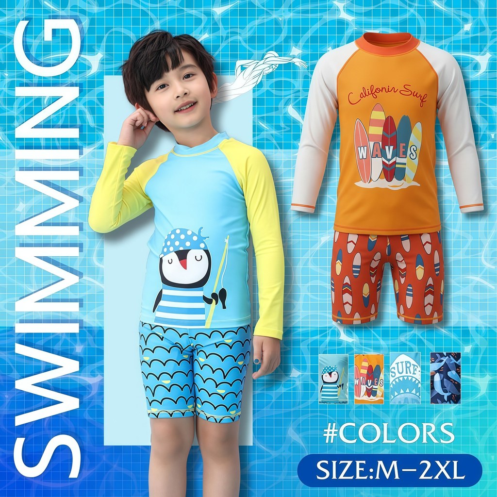BABY BEACH ชุดว่ายน้ำเด็กแขนยาว กันUV 2 ชิ้น กันแดด แห้งไว มีไซส์ M-2XL สีสันสดใส Y414