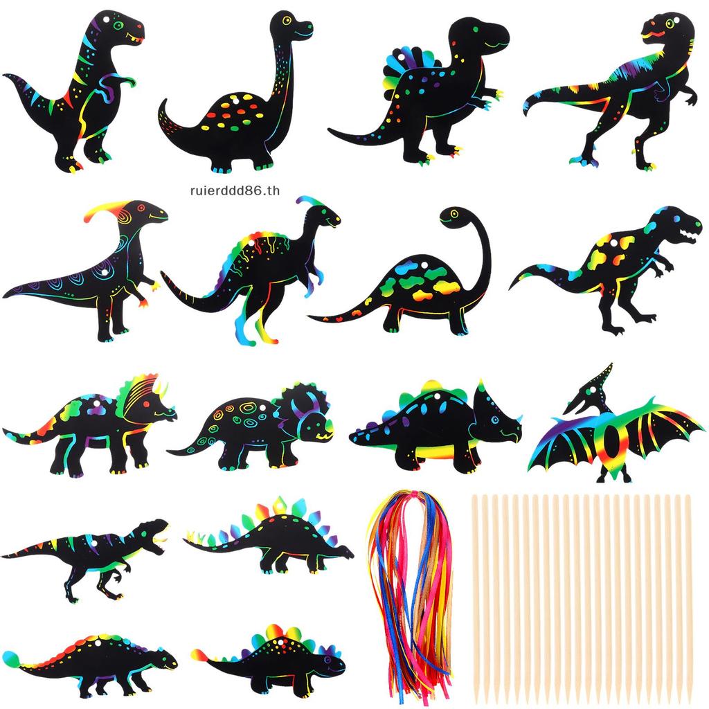 XXHZ 64 ชิ้นไดโนเสาร์ Theme Scratch การ์ด Rainbow Scratch กระดาษไดโนเสาร์หัตถกรรม Art Card ไดโนเสาร์