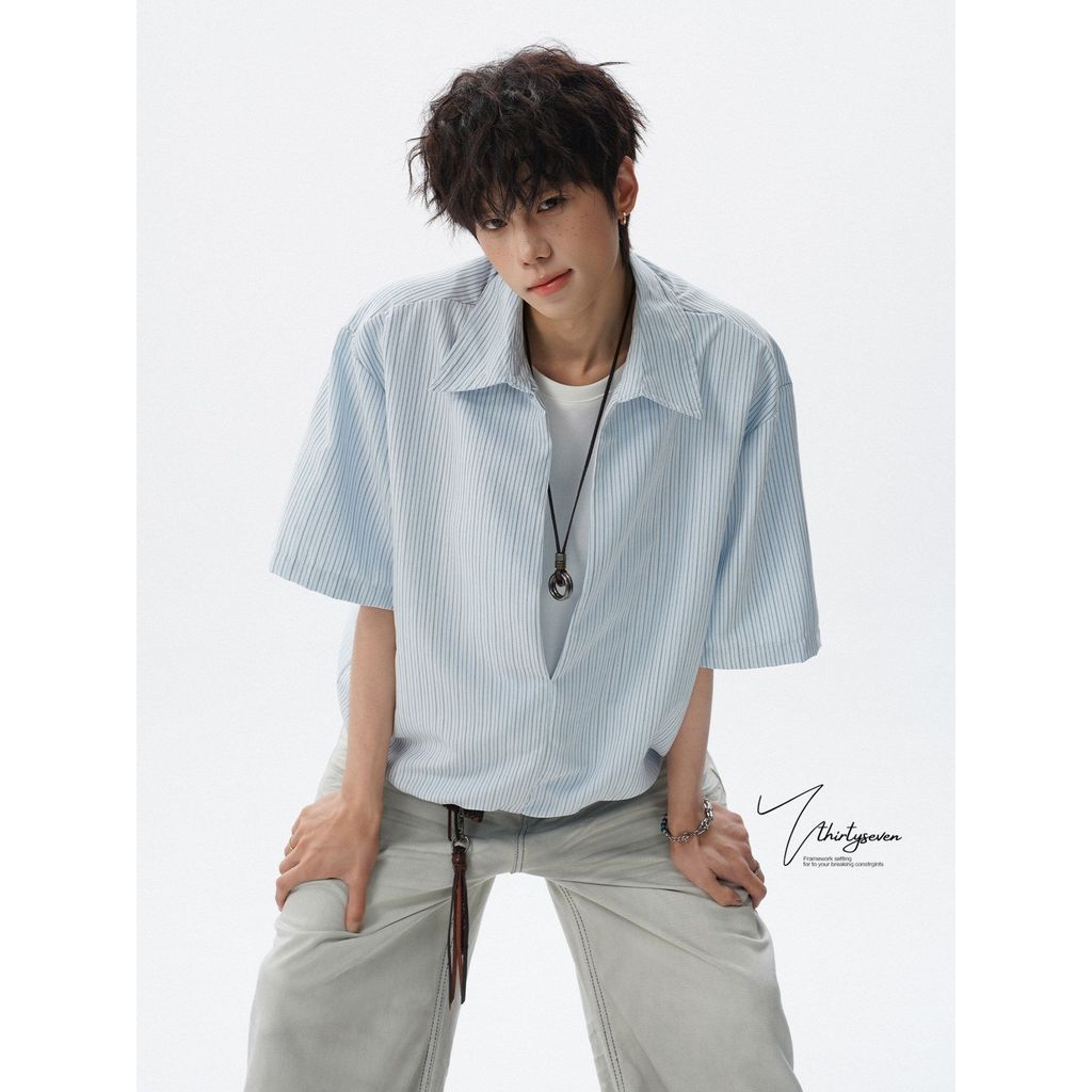 VALEXTRA เงินเก่าสไตล์ผ่อนคลายครึ่งเปิดเสื้อผู้ชายผู้หญิงสไตล์ญี่ปุ่น Street สวมใส่ปลอมสองชิ้นเสื้อแ