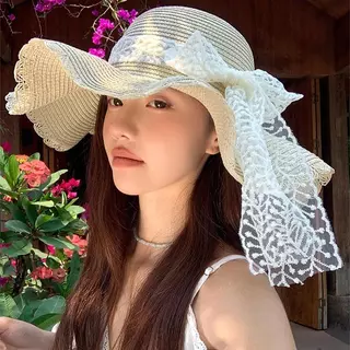 Style studio จัดส่ง 💕หมวกสานทรงฝรั่งเศสผูกโบว์ลูกไม้สำหรับผู้หญิง หมวกกันแดดน่ารักๆ สำหรับฤดูร้อน