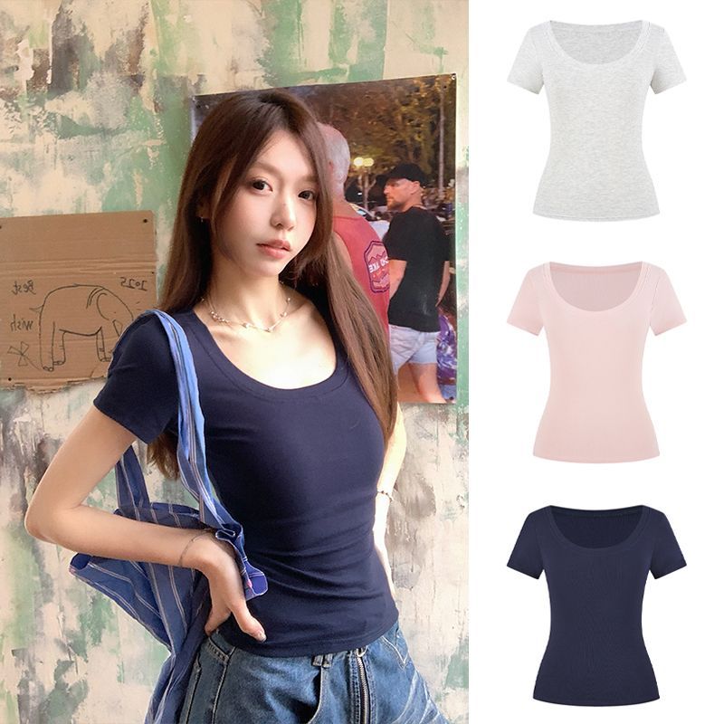 [Moss Queen] Casual Simple Big U-คอของแท้ไหล่แขนสั้นเสื้อยืดสาวร้อนSlim-Fit Basicสไตล์Slimmerดู