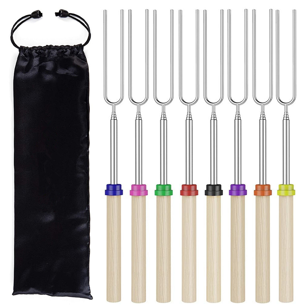 LMETJMA 8 pcs Barbecue Skewers Extendable Marshmallow Roasting Sticks Stainless Steel BBQ Telescopin