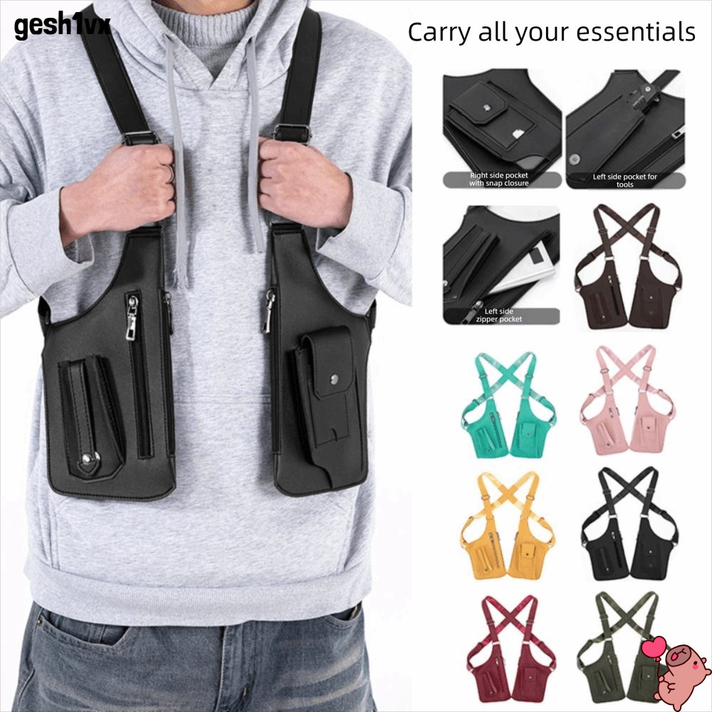 LOLLIPOP Storage Vest Bag,กระเป๋าคาดหน้าอกสายหนังกันขโมย,กระเป๋าโทรศัพท์มือถือมัลติฟังก์ชั่นหลายกระเป๋าปกปิดย้อนยุคกีฬากลางแจ้ง