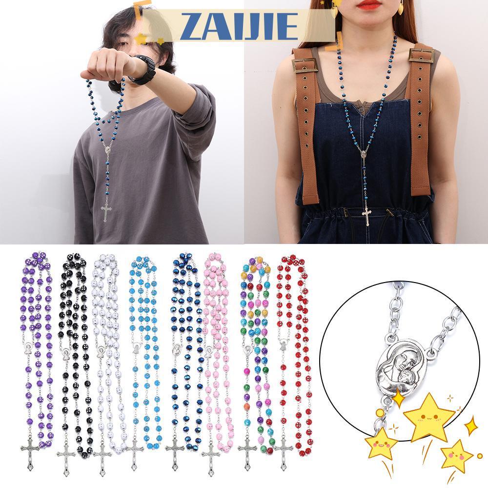 ZAIJIE 1 PC สร้อยคอลูกปัดลูกประคําชุดจี้ข้ามลูกประคํา
