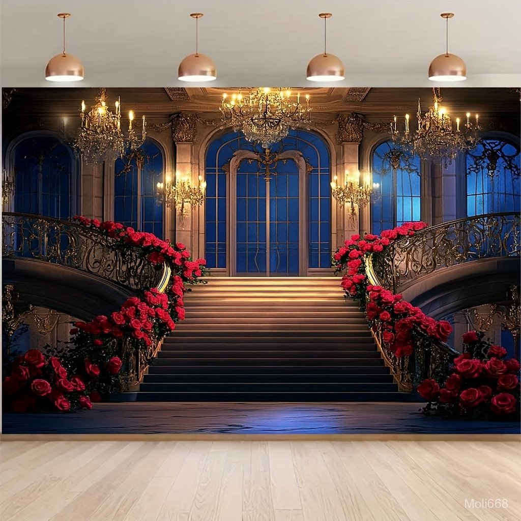 1pc Elegant Luxury Palace Red Carpet Backdrop - 2D Polyester Photography Background with Golden Arch