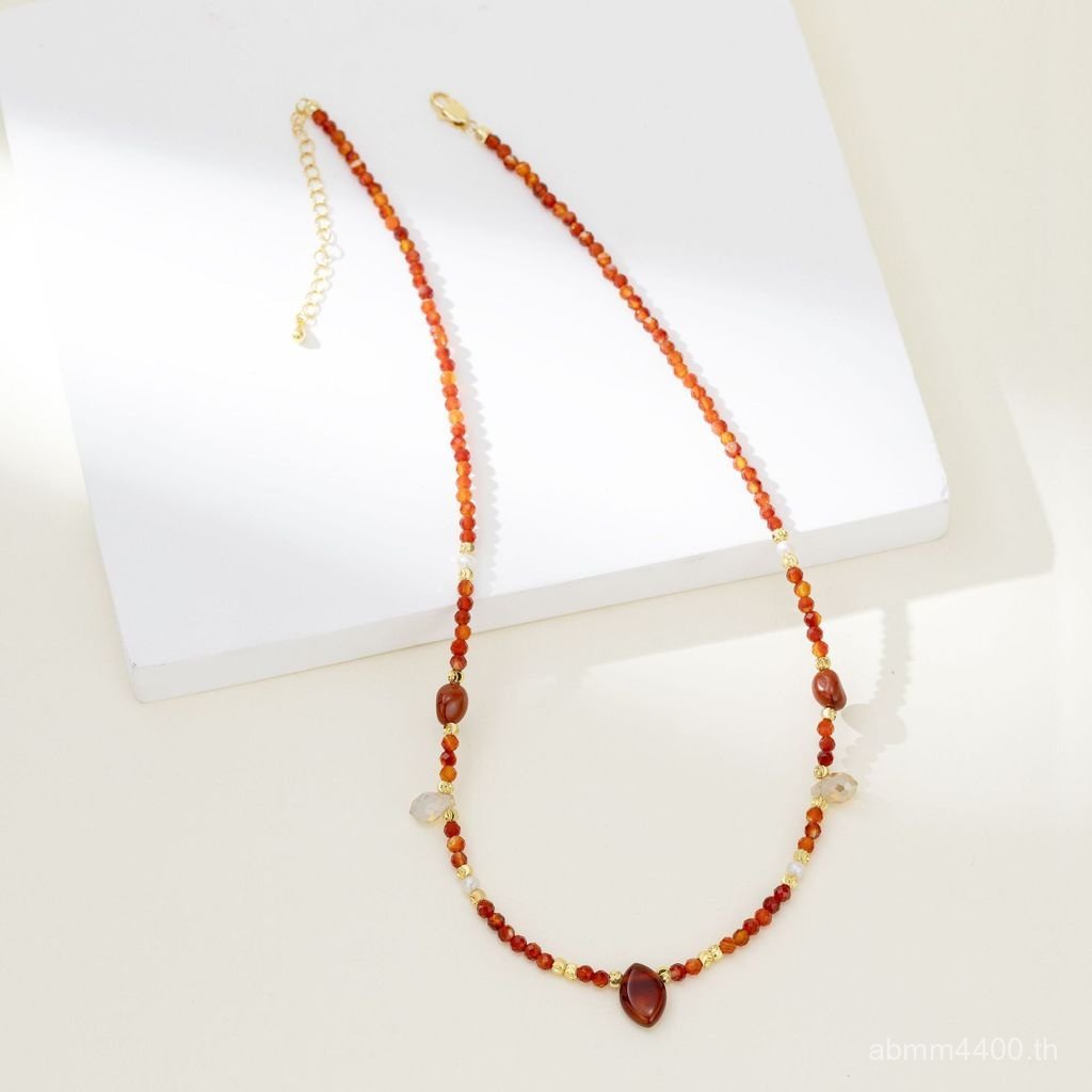 T อารมณ์สไตล์จีนธรรมชาติ Handmade Chain สร้อยคอผู้หญิงลูกปัด Niche Stoney เครื่องประดับสีแดงขนาดเล็ก
