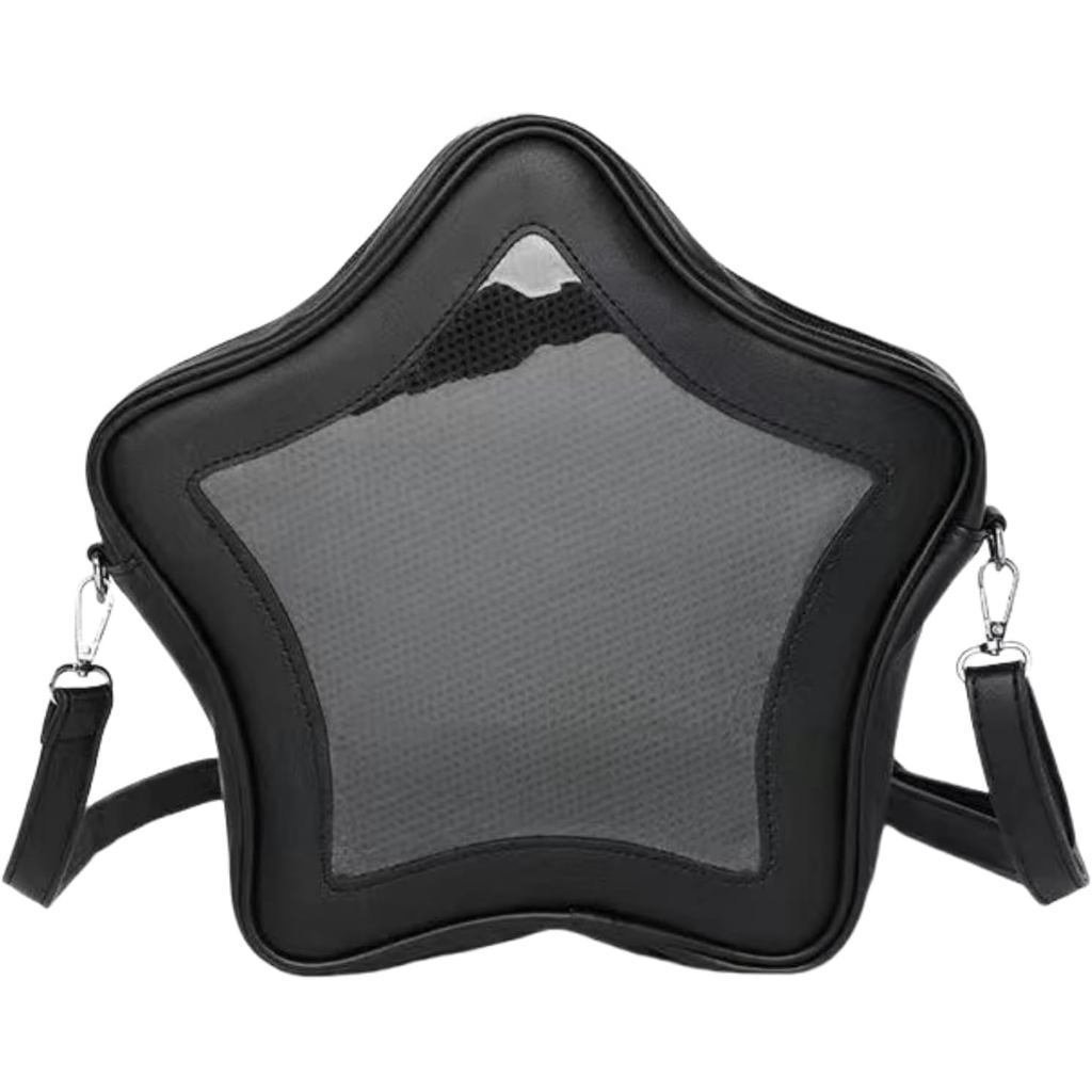 Star Shape Ita Bag Pins Display Crossbody Bag PU Leather Backpack Y2k Aesthetic Cute Handbag (สีดํา)