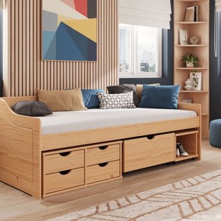 Cama Solteiro com 5 Gavetas Madeira Maciça Floro Marrom/Pine Natural Pine