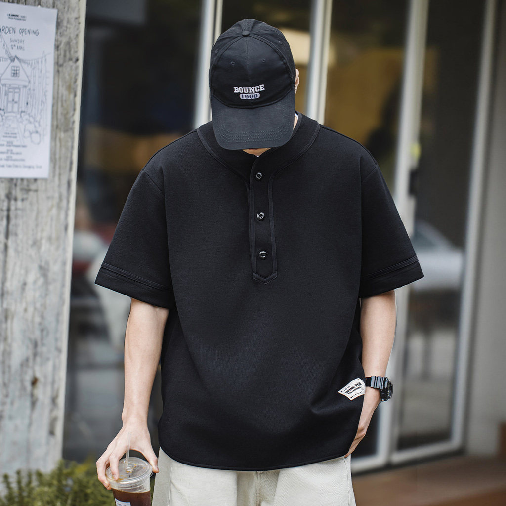 MRA ผู้ชาย Henry collar เบสบอลเสื้อยืดแขนสั้น pearl ground air layer สไตล์วิทยาลัยหลวมไหล่ครึ่งแขน tee ฤดูร้อน