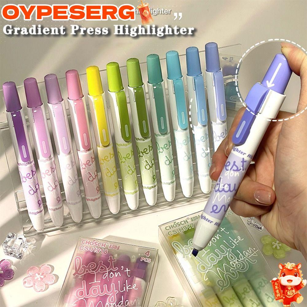 OYPESERG ปากกาเน้นข้อความ 4 ชิ้น, ปากกาเน้นข้อความสีไล่โทนสีแบบกด, เคล็ดลับสิ่วความงาม, ปากกาเรืองแสงหมายเหตุการถ่าย