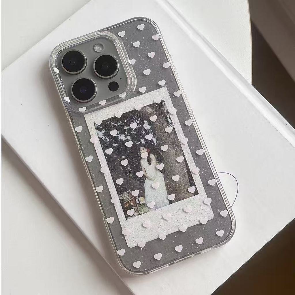เคสไอโฟน16 สำหรับ IPhone 17 16 12 13 11 15 14 Pro Max XR X XS 7 8 15 14 Plus ง่ายรักผงกากเพชรหัวใจกล่องกันกระแทกโปร่งใส