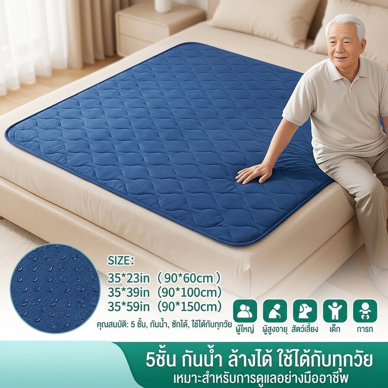 แผ่นรองกันปัสสาวะ ผู้ใหญ่ กันลื่น กันน้ำ ซักได้ 5ชั้น ดูดซับเร็ว แห้งสบาย ผู้ป่วยติดเตียง ผู้สูงอายุ