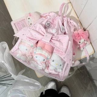 Ita Bag กระเป๋าสะพายคู่ Drawstring (ไม่รวมตุ๊กตา) กระเป๋าอวดเมน โบว์สามมิติ พิมพ์ดาว ความจุสูง กระเป๋าสะพายไหล่น่ารัก