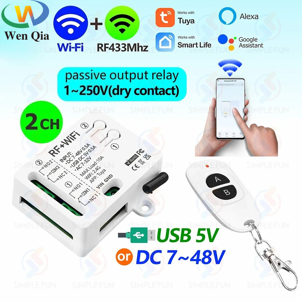 Tuya WiFi RF433Mhz สมาร์ทสวิทช์ 2-CH,DC 5V 12V 24V 48V,1-250V Dry Contact Relay, ทํางาน Alexa Google Home, สําหรับโคมไฟ/มอเตอร์