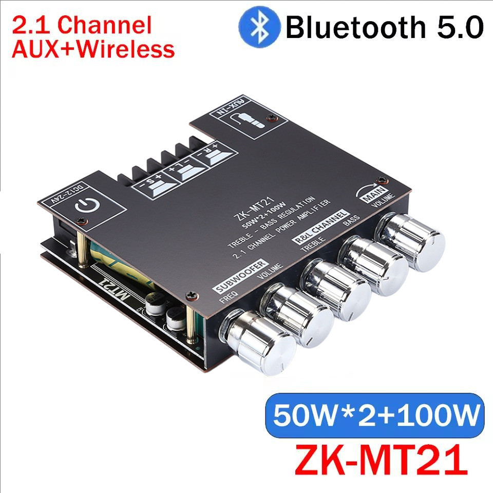 ZK-MT21 โมดูลขยายเสียง Bluetooth 5.0 2.1 ช่อง – ซับวูฟเฟอร์ 50W*2 + 100W, การควบคุมโทน, DC12-24V
