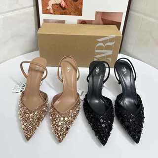 ZARA New pointed-toe beaded mesh sandals with rhinestone embellishments, back strap, shallow cut, thin high heel, European and American style women's sandals