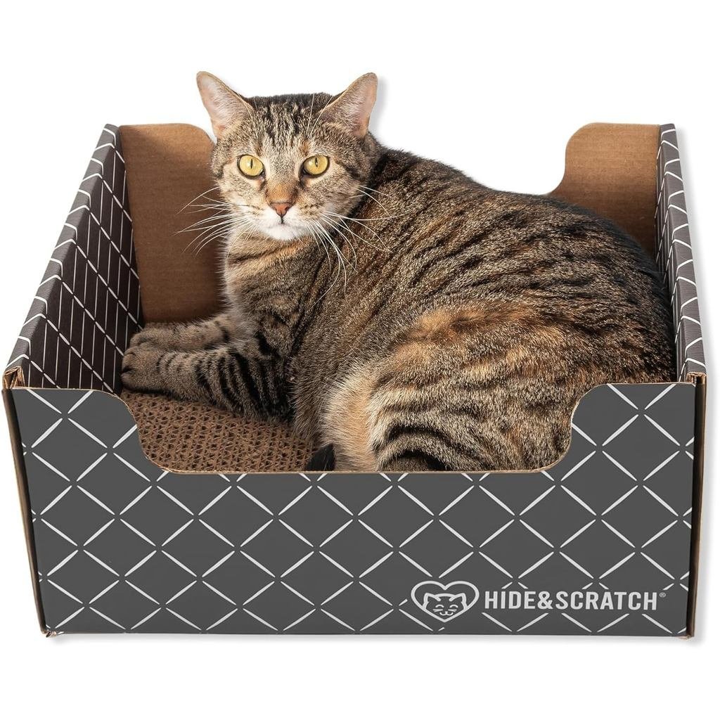 Hide & Scratch Cardboard Cat Scratcher Box & Bed - เพชรสีเทาเข้ม | แผ่นลูกฟูกสองด้านสําหรับแมวในร่ม 