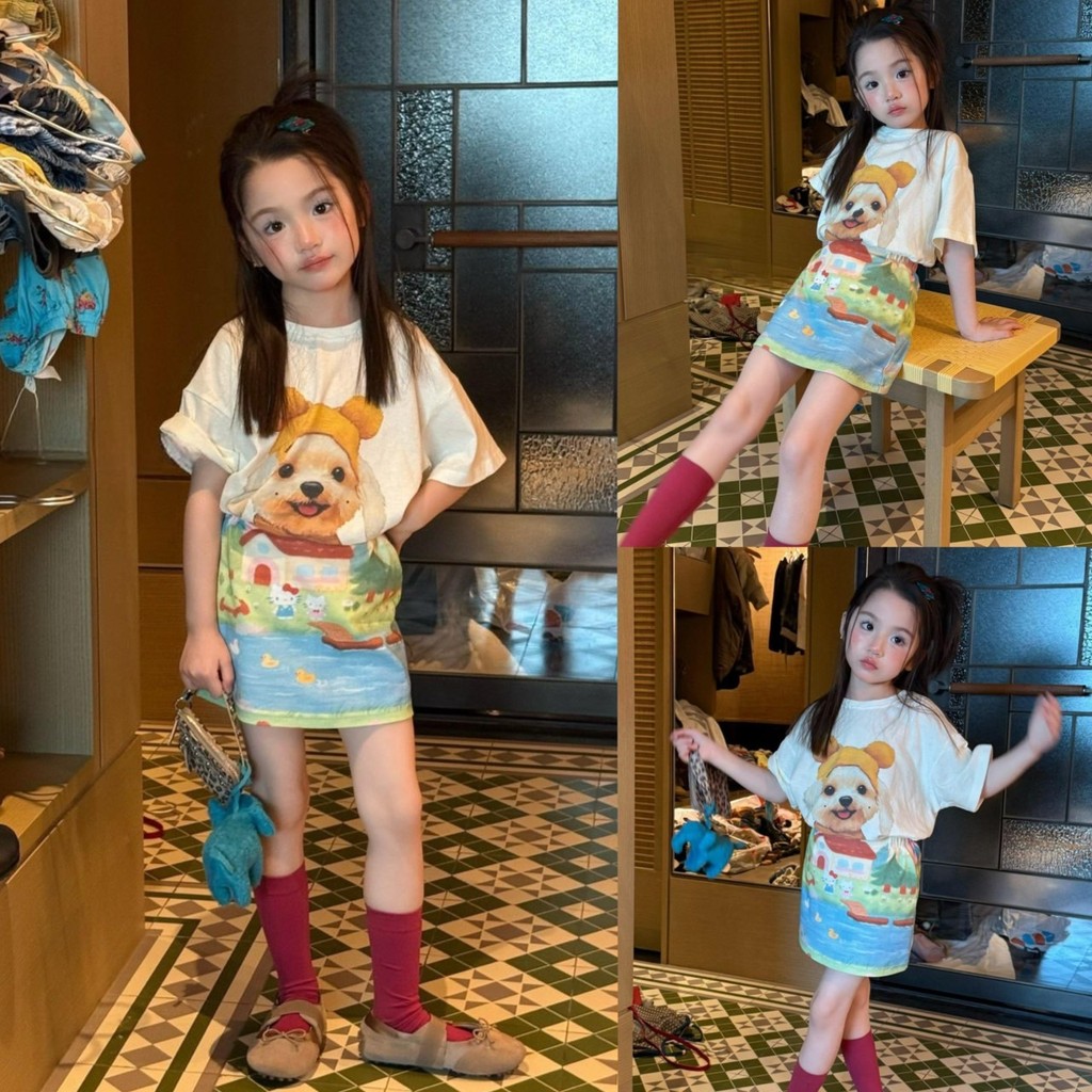 PRETTY BABY เสื้อยืดเด็ก เสื้อยืดโอเวอร์ไซส์ ลายน้องหมา กระโปรงสั้น ลายการ์ตูน มีซับกางเกง(2153)